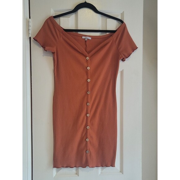 Rust Orange Ribbed Off-Shoulder Bodycon Mini Dress Size Large - Picture 1 of 10